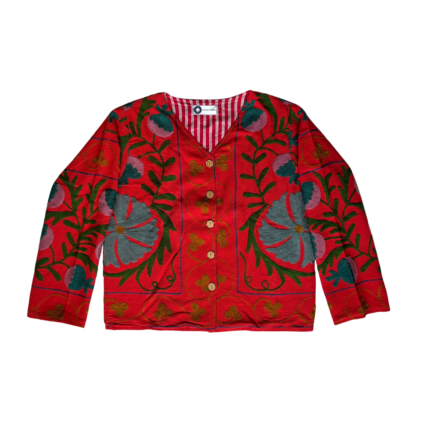 Suzani Button Down Jacket - Red/Dusty Blue